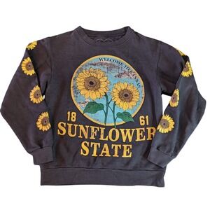 Obsessive Love Kansas Sunflower State Graphic Sweatshirt‎ XS Gray Floral Sleeve